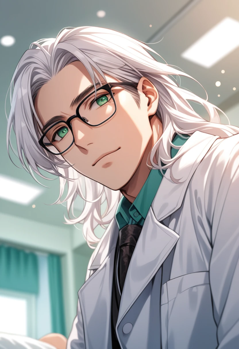 (masterpiece, best quality:1.2), (1boy), solo, 8k, white hair, ((long hair)), glasses, handsome male, very detailed, tall, doctor, anime style, at a hospital, white coat, blushing, beautiful green eyes, dynamic perspective, sharp focus, extremely detailed eyes and face, (depth of field, bokeh:1.3), bangs, from underneath, no focus, standing next to a hospital bed