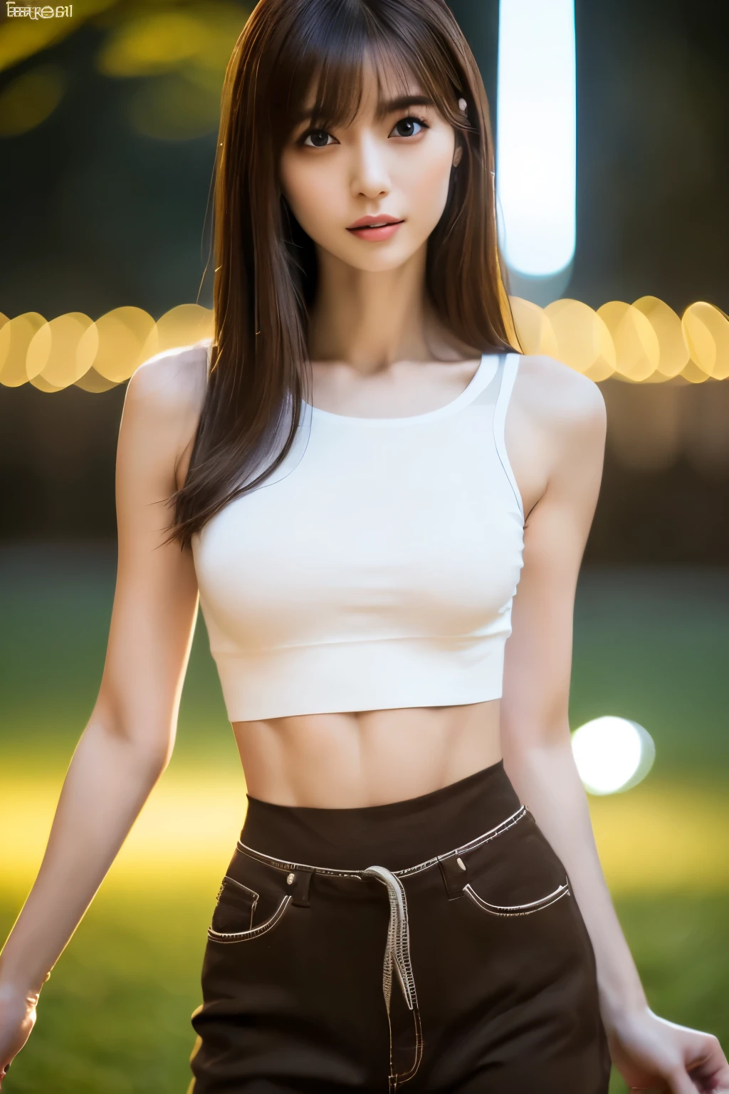 Skinny Japanese woman, 30 years old, ((Realistic lighting, Best quality, 8K, Masterpiece: 1.3)), Clear focus: 1.2, 1girl, Perfect beauty: 1.4, Slim abs: 1.1, ((Dark brown hair)), (White crop top: 1.4), (Outdoor, Night: 1.1), Park view, Super fine face, Fine eyes, Double eyelids,