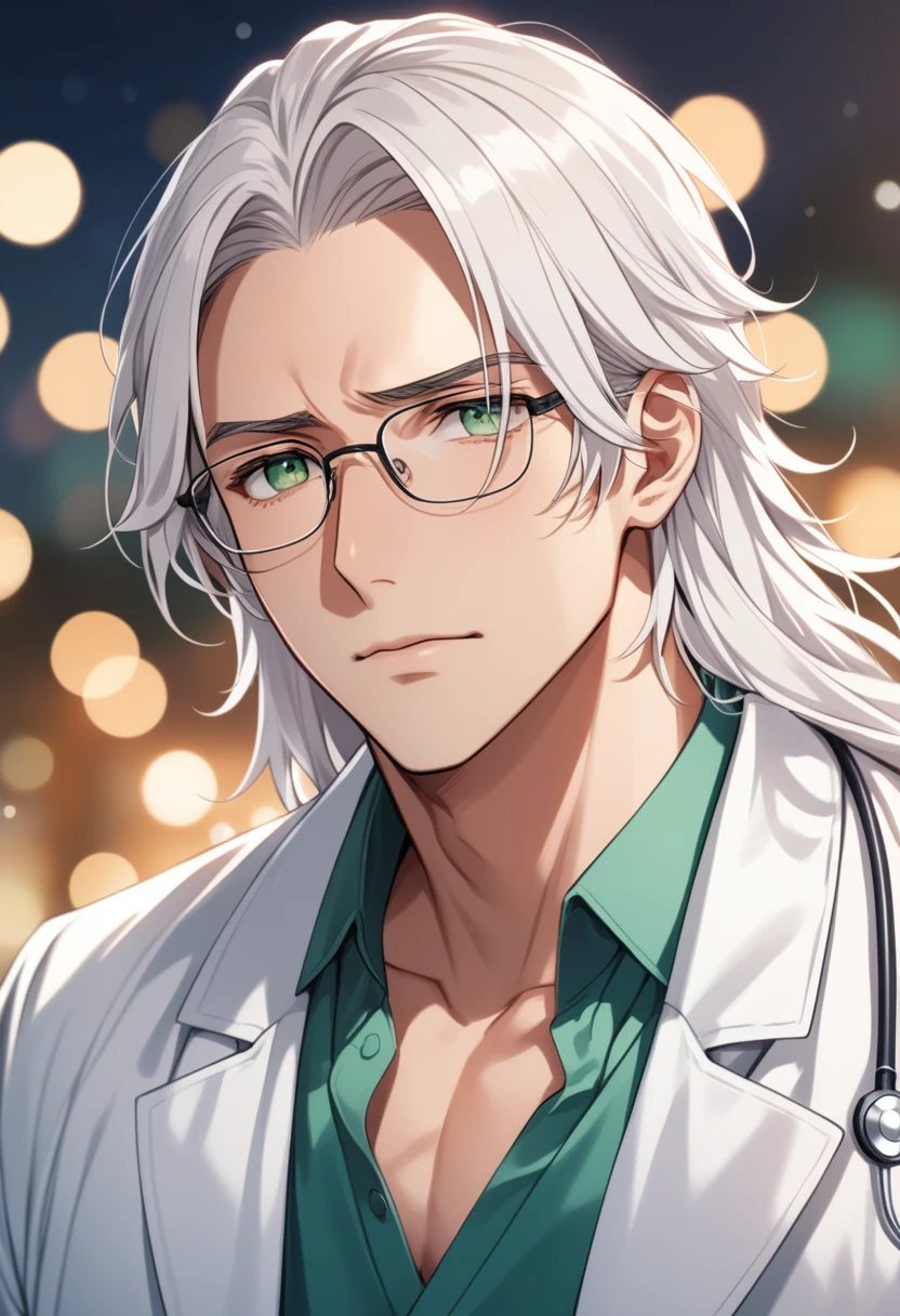 (masterpiece, best quality:1.2), (1boy), solo, 8k, white hair, ((long hair)), glasses, handsome male, very detailed, tall, doctor, anime style, at a hospital, white coat, blushing, beautiful green eyes, dynamic perspective, sharp focus, extremely detailed eyes and face, (depth of field, bokeh:1.3), bangs, from underneath, no focus, worried expression