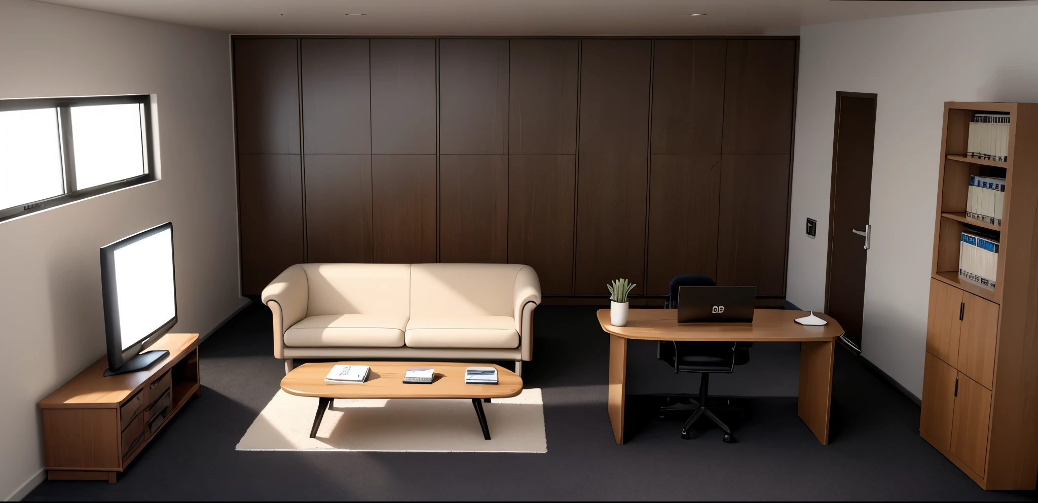 ((Dark carpet))、One small window、Warm and dark Western-style room、chic、Brown and White、Laptop on a wooden desk、bookshelf、tv set、Doctor's Office、Medical office、3D illustration style、Hospital medical department、