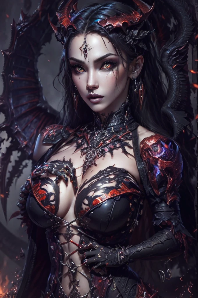 a woman with a dragon on her chest and a demon on her chest, diablo 4 lilith, succubus | medieval, beautiful elegant demon queen, beautiful succubus, diablo 4 queen, 4k fantasy art, dark fantasy style art, dark fantasy art, gothic fantasy art, 8k fantasy art, epic fantasy art style hd, hd fantasy art, succubus