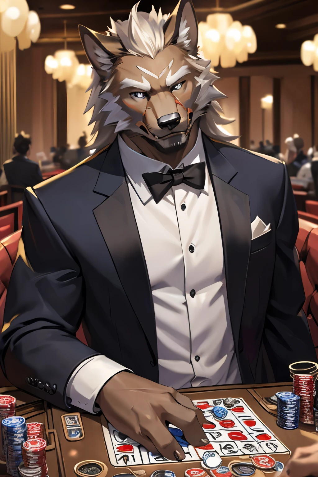 posted on e621 (by Chunie), furry, male, anthro, solo, (Realistic eye details:1.2), (beautiful detailed eyes), anime character there is a Blaidd (Elden Ring) male, casino, Black suit, Red tie, win the game, Playing Poker Texas hold'em, Five-card draw, Omaha hold'em), the place is busy with people around the casino, perfect anatomy, realistic anatomy, full body like, slim body, good looking, anime style, 8k, 4k anime wallpaper, anime art wallpaper 8 k, 2 d art, 2d art, anime art wallpaper 4k, detail art