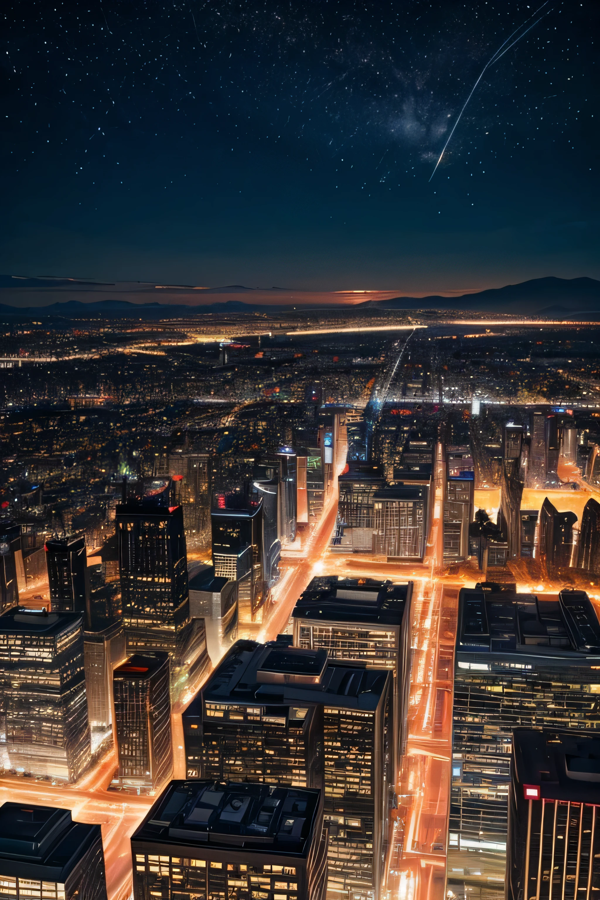 A panoramic view of a metropolis at night, where skyscrapers stand out against the starry sky. The streets are lit by vibrant neons, reflecting off busy sidewalks and passing cars. Pessoas caminham pelas ruas, desfrutando da atmosfera animada da cidade. Ao fundo, the silhouette of distant mountains adds a sense of grandeur to the cityscape.