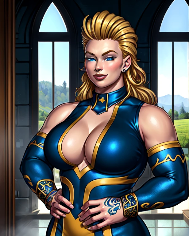 (intricately detailed, highest quality, High resolution, highly detailed skin:1.4), Upper body, (motherly smile:1.1), looking at the viewer, outdoor scene, rolling hills, grassland, m4rytbl, (chubby woman:1.1), big breasts, blue eyes, lips, (Long blond hair slicked back:1.3), (Blue wrestling costume, sleeve, exposed shoulders, Fenestration:1.2),