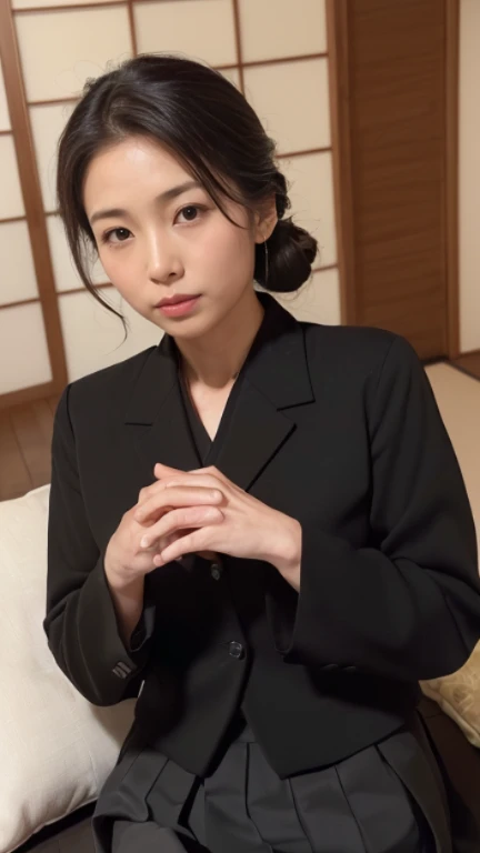 ((1 woman,Japan's most beautiful face,40 years,old face,mature woman,There are wrinkles at the corners of the eyes,perfect gas chamber,Taken close up,look at the camera,watch here)),((((black shirt,black suit jacket,black skirt)))),((pearl necklace,elegant hairstyle,natural makeup,my chest is very swollen,Please laugh here,lowered eyebrows,droopy eyebrows,Stare at me with a cute expression,((Japanese style roomに正座)),Japanese style room,Shoji,,Seowon Building,sit on a cushion in a japanese room,look at the camera,look at the cameraください,take a photo from your lap)),((Please turn this way,watch here,perfect fingers,perfect arms,detailed background,highest quality,Ultra - High resolution,perfect anatomy,High-definition RAW color photo,professional photos, very delicate and beautiful, very detailed,finely, huge file size,best image quality,8K,Award-winning work,table top))