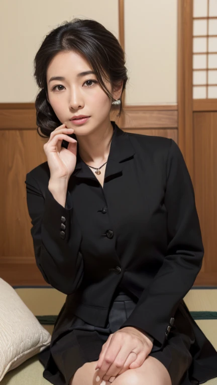 ((1 woman,Japan&#39;s most beautiful face,40 years,old face,mature woman,There are wrinkles at the corners of the eyes,perfect gas chamber,Taken close up,look at the camera,watch here)),((((black shirt,black suit jacket,black skirt)))),((pearl necklace,elegant hairstyle,natural makeup,my chest is very swollen,Please laugh here,lowered eyebrows,droopy eyebrows,Stare at me with a cute expression,((Japanese style roomに正座)),Japanese style room,Shoji,,Seowon Building,sit on a cushion in a japanese room,look at the camera,look at the cameraください,take a photo from your lap)),((Please turn this way,watch here,perfect fingers,perfect arms,detailed background,highest quality,Ultra - High resolution,perfect anatomy,High-definition RAW color photo,professional photos, very delicate and beautiful, very detailed,finely, huge file size,best image quality,8K,Award-winning work,table top))