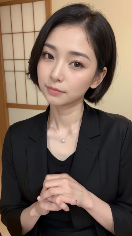 ((1 woman,Japan&#39;s most beautiful face,40 years,old face,mature woman,There are wrinkles at the corners of the eyes,perfect gas chamber,Taken close up,look at the camera,watch here)),((((black shirt,black suit jacket,black skirt)))),((pearl necklace,elegant hairstyle,natural makeup,my chest is very swollen,Please laugh here,lowered eyebrows,droopy eyebrows,Stare at me with a cute expression,((Japanese style roomに正座)),Japanese style room,Shoji,,Seowon Building,sit on a cushion in a japanese room,look at the camera,look at the cameraください,take a photo from your lap)),((Please turn this way,watch here,perfect fingers,perfect arms,detailed background,highest quality,Ultra - High resolution,perfect anatomy,High-definition RAW color photo,professional photos, very delicate and beautiful, very detailed,finely, huge file size,best image quality,8K,Award-winning work,table top))