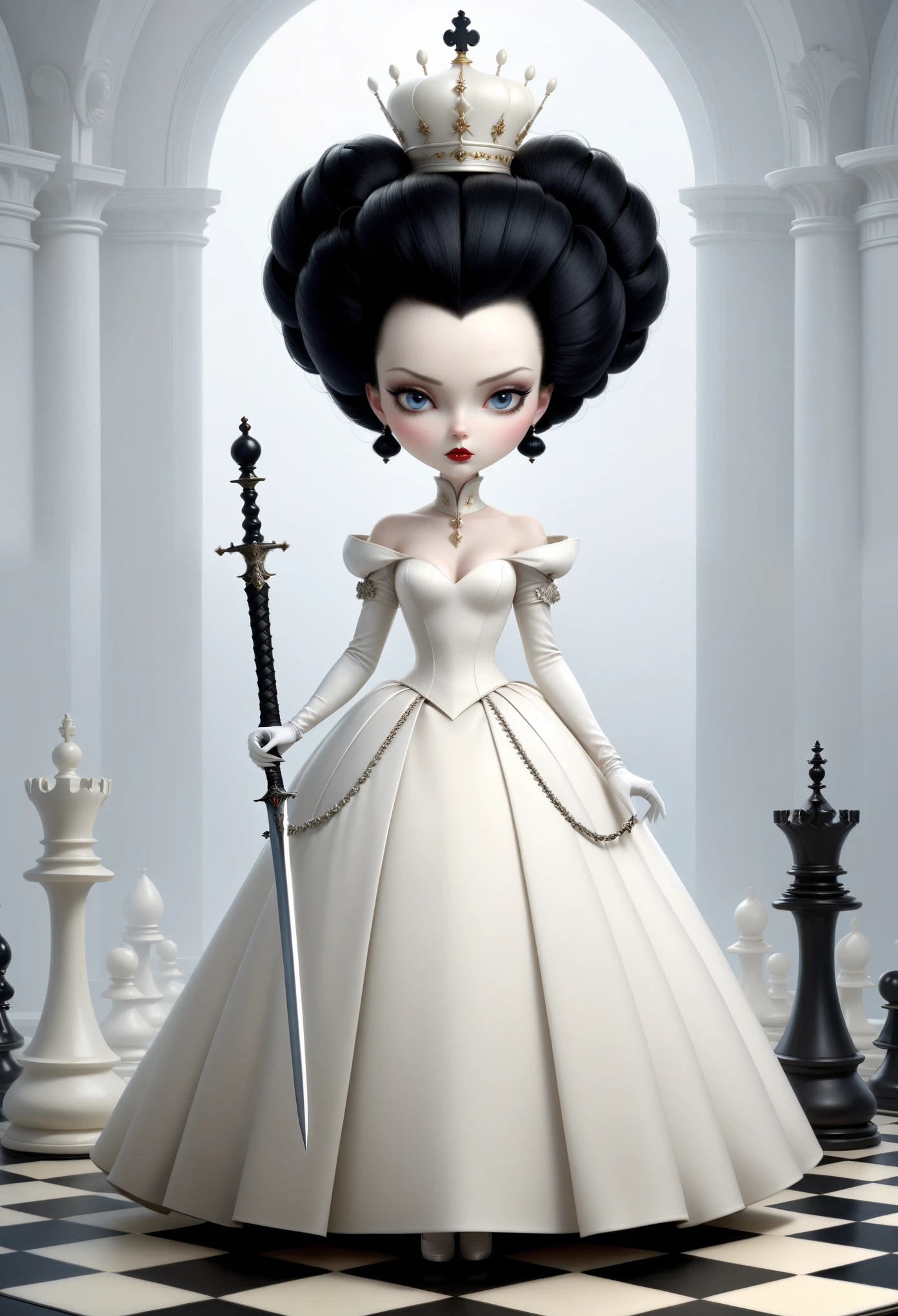 ray caesar style, soft painting, an amazing beautiful white queen of chess stands on a chess board, long white dress, white gloves, black hair in voluminous round updo, a long wide braid, looking into the camera, she holds a long sword, light background, chessmen, symmetric composition, high key image, ultra detailed, best quality