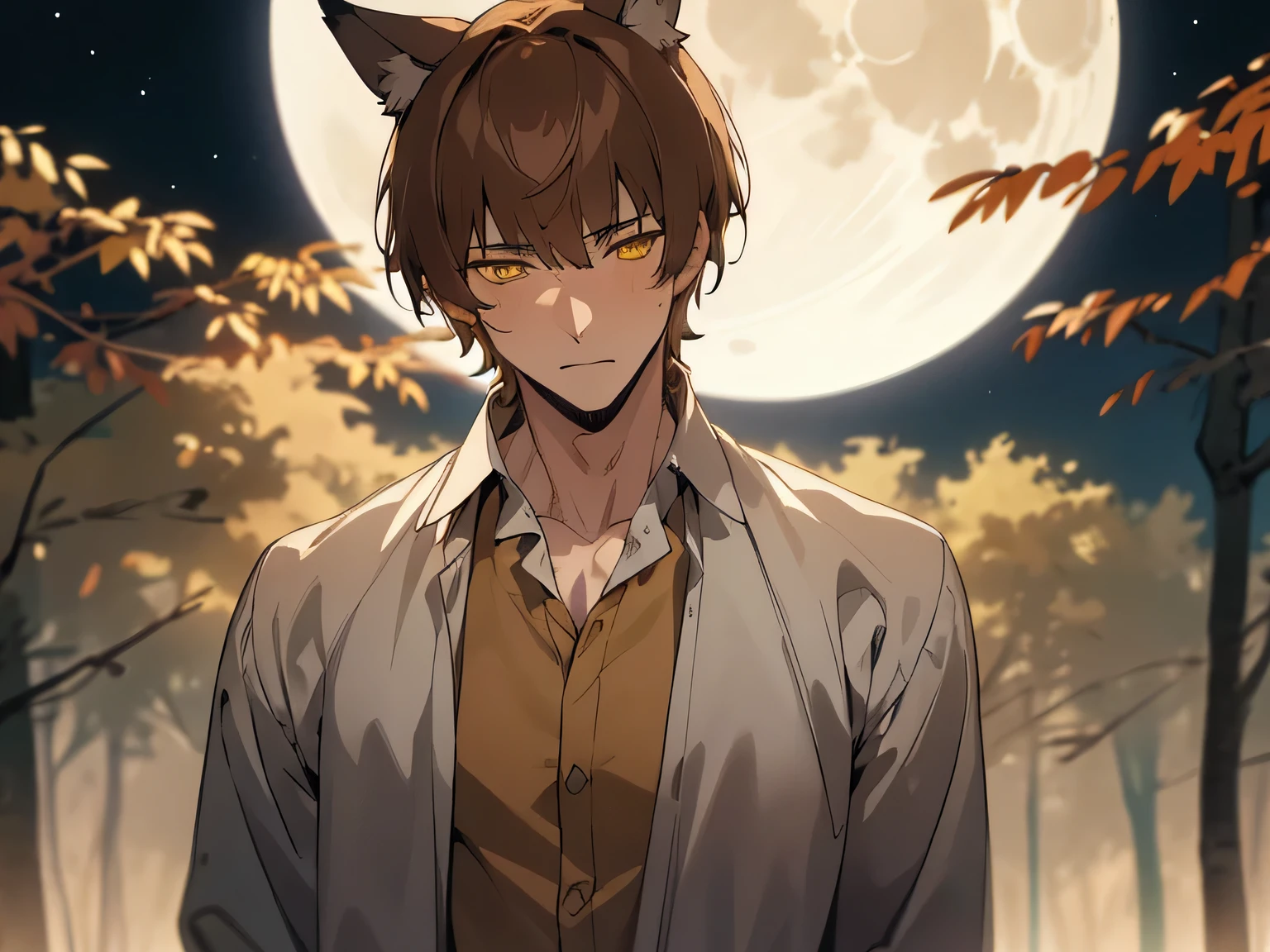 ((((alone)))),25 year old male, Large size,wolf ears,warm skin, Yellow pupil, sharp eyes,Dead Eyes Male Focus, looking at the viewer, White shirt ,naked,brown hair, short hair,((macho)), face focus,adult, shirt, highest quality, facial details.,background night,full moon,in the forest,dynamic angle