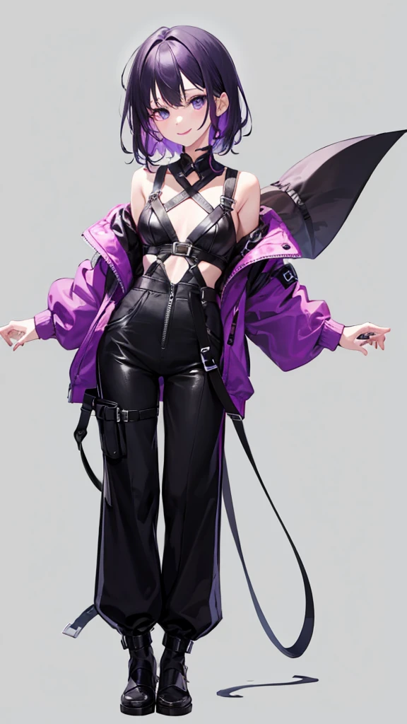 purple hair girl,medium hair,Harness,pants,simple background,smile,whole body,full body,full body,Standing picture,vtuber,front,from front,Viewer&#39;s perspective,視線をfrontに,