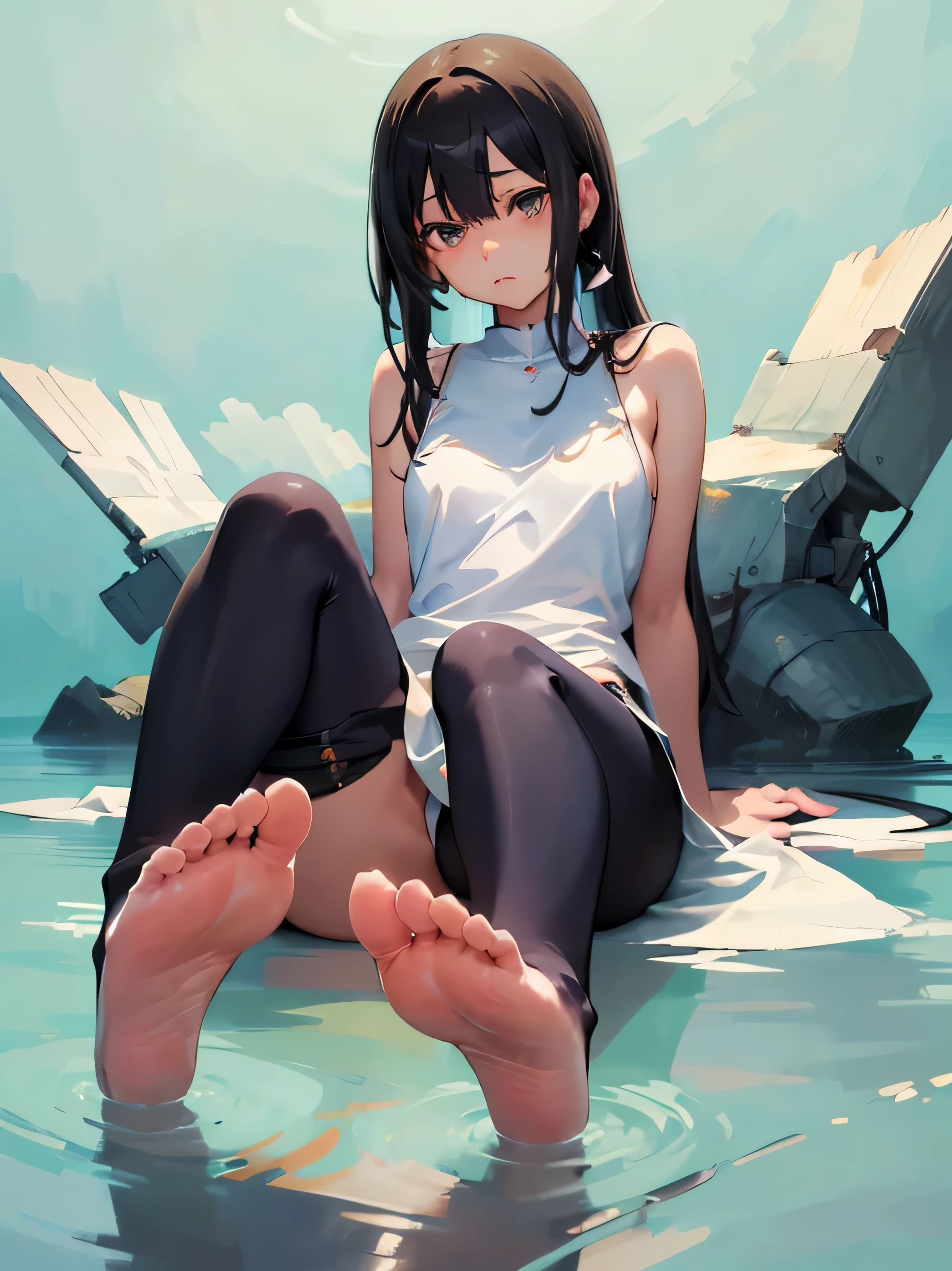 2D girl, solo,
best quality, simple background,
The slender foot of the 2D girl was bare, revealing the delicate sole,
Her  figure accentuated by the absence of shoes,
A sense of tranquility and innocence emanating from her being,
A captivating image of grace and beauty.