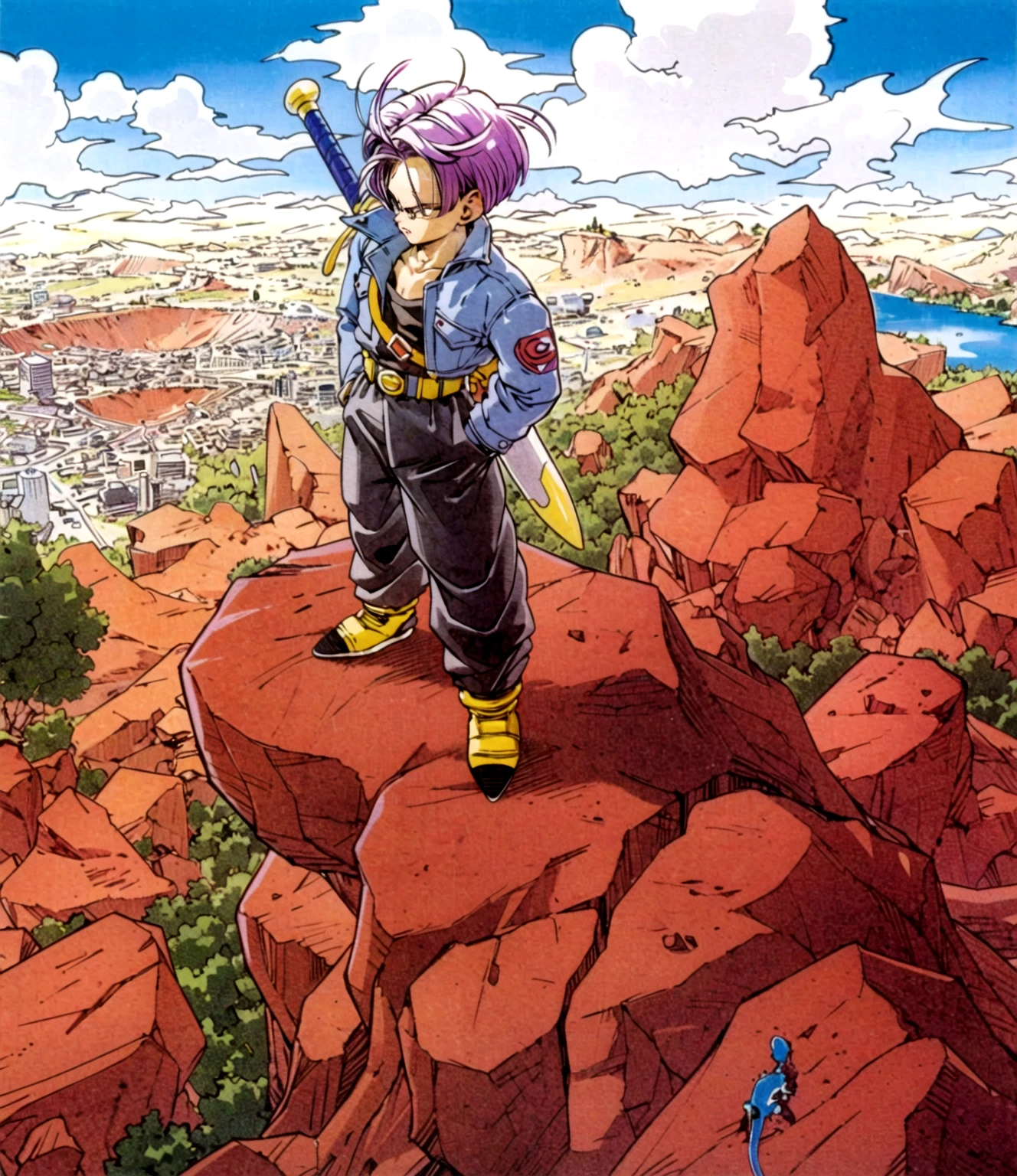 Dragon Ball Trunks on the Rocks，The background is a city, author：Tomino Yuyuki, Dragon Ball concept art, art of akira toriyama, Moebius and Erpinnu, author：Osamu Tezuka, Toriyama Akira style, dragon ball art style, Color comic scan, Artist Katsuhiro Otomo