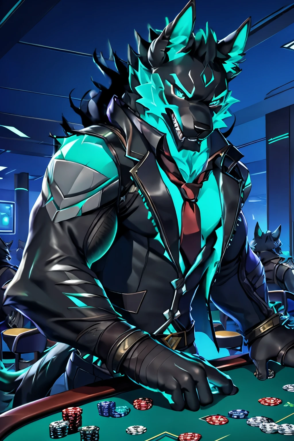 posted on e621 (by Chunie), furry, male, anthro, solo, (Realistic eye details:1.2), (beautiful detailed eyes), anime character there is a Cerberus (Fortnite) male, casino, Black suit, Red tie, win the game, Playing Poker Texas hold'em, Five-card draw, Omaha hold'em), the place is busy with people around the casino, perfect anatomy, realistic anatomy, full body like, slim body, good looking, anime style, 8k, 4k anime wallpaper, anime art wallpaper 8 k, 2 d art, 2d art, anime art wallpaper 4k, detail art