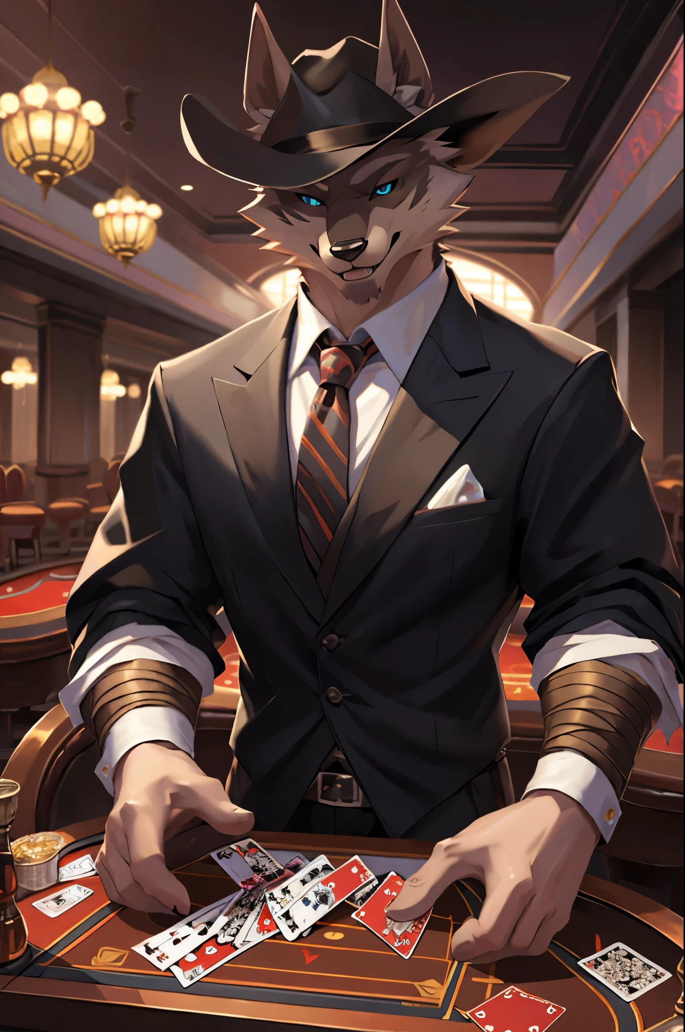 posted on e621 (by Chunie), furry, male, anthro, solo, (Realistic eye details:1.2), (beautiful detailed eyes), anime character there is a death (puss in boots) male, casino, Black suit, Red tie, win the game, Playing Poker Texas hold'em, Five-card draw, Omaha hold'em), the place is busy with people around the casino, perfect anatomy, realistic anatomy, full body like, slim body, good looking, anime style, 8k, 4k anime wallpaper, anime art wallpaper 8 k, 2 d art, 2d art, anime art wallpaper 4k, detail art