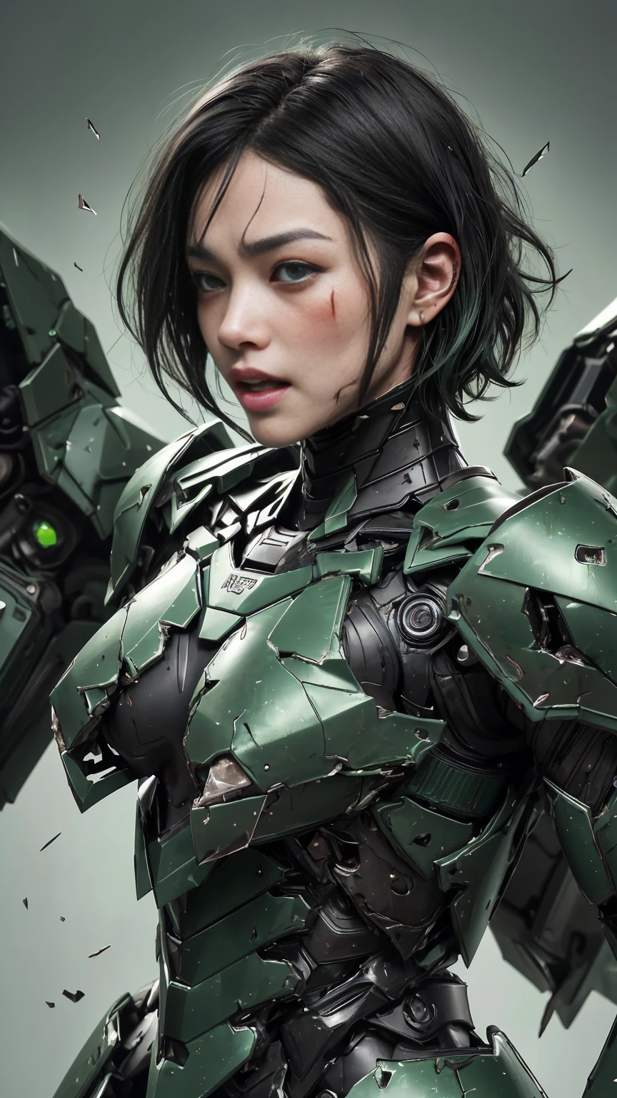 Rough skin, Very detailed, Advanced Details, high quality, 最high quality, High resolution, 1080P 、Bleeding from the wound、Sexy Eyes、Wearing green and black、cute((My whole body is sweating))(Equipped with a battle suit damaged by wounds....)(Dark green armor)(Broken Armor)Black Hair、Chiquita、short hair、Open your mouth、Painful expression、It hurts again、Healthy Skin、40-year-old woman (Steam coming out of the face) ((Steam coming out of the body)) Unable to fight Severe seizures Ordinary face freckles Full-body portrait with no exposed skin