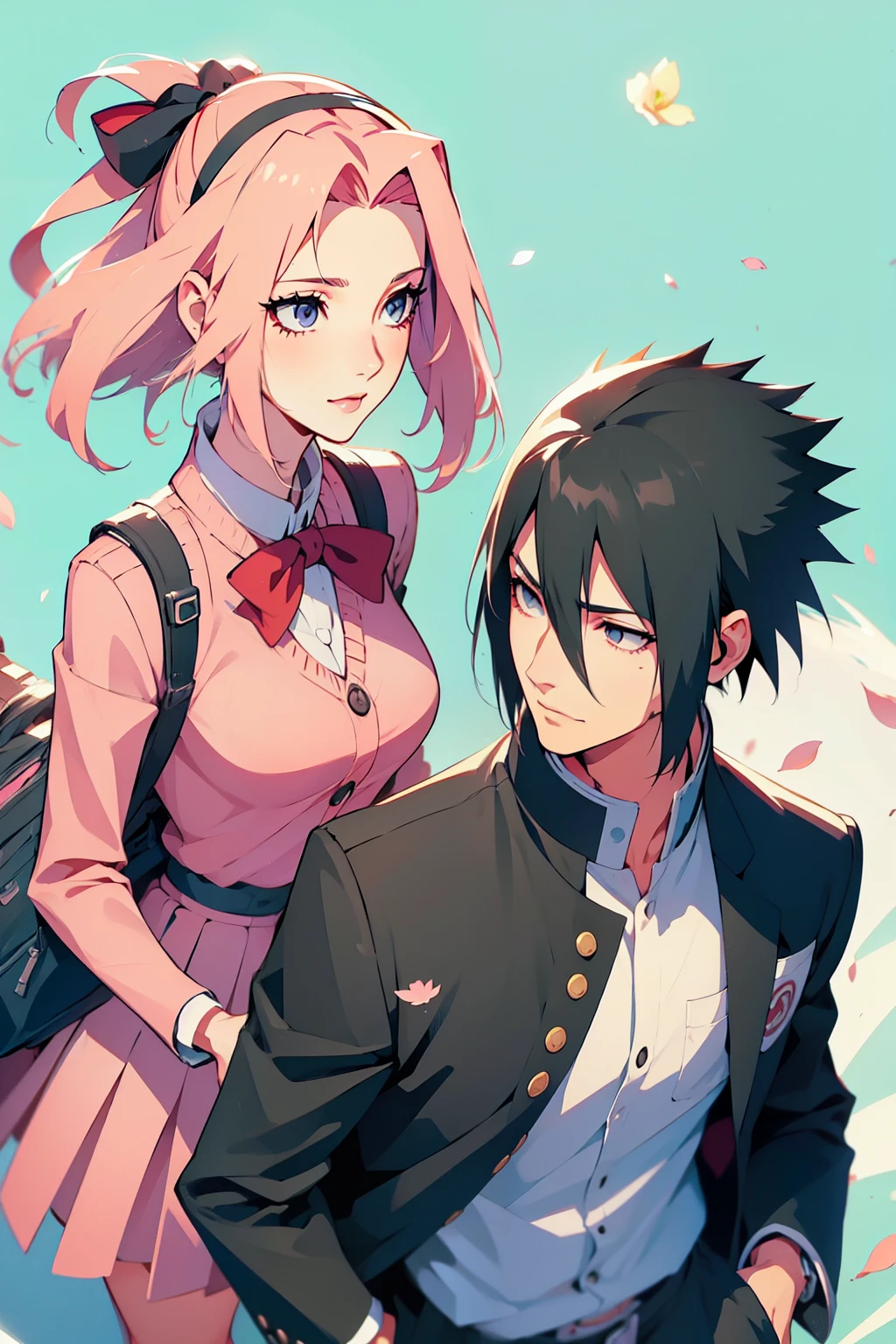 sasusaku. Sasuke Uchiha, a tall, black-haired man wearing a Quarterback football uniform, is a student, with his hands in his pockets. Sakura, a thin woman with pink hair, cheerleader. best quality, adorable, ultra-detailed, illustration, complex, detailed, extremely detailed, detailed face, soft light, soft focus, perfect face. In love, illustration. two people, couple,