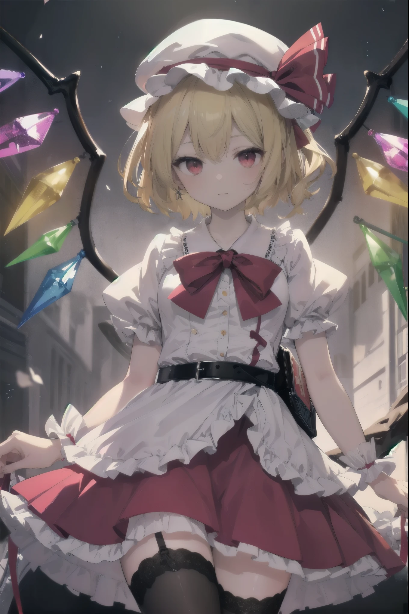 (masterpiece,best quality,ultra-detailed), Flandre Scarlet Touhou, white bunny suits, black stocking belt