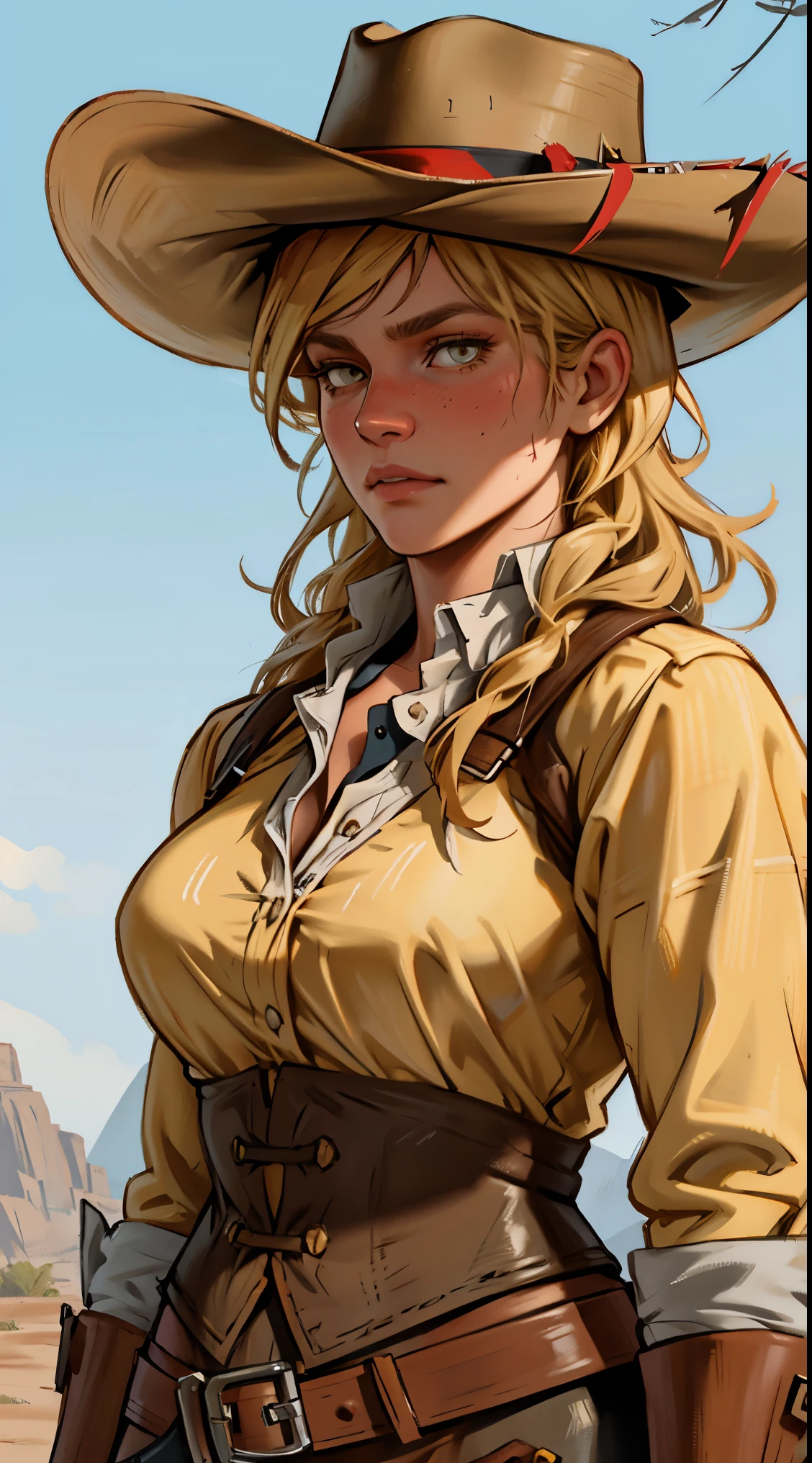 1 girl, upper body shot, Sadie Adler from RDR 2, long blonde hair, detailed face, breast, best quality, high resolution:1.2, wild west town in the background,  cowboy hat, holstered revolver, perfect eyes, yellow shirt