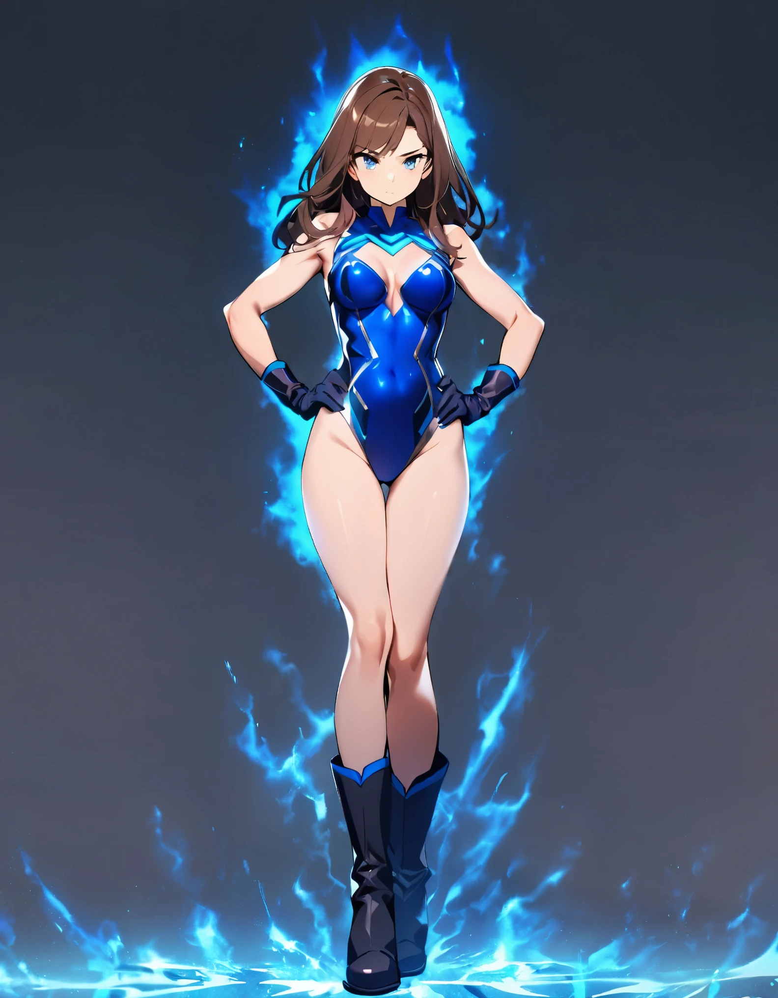 1girl, solo, solo focus, female superhero, medium breasts, leotard, red and blue leotard, bare legs, boots, matching boots, gloves, matching gloves, brown hair, blue-grey eyes, standing straight, hands on hips, full body, body infused with blue aura