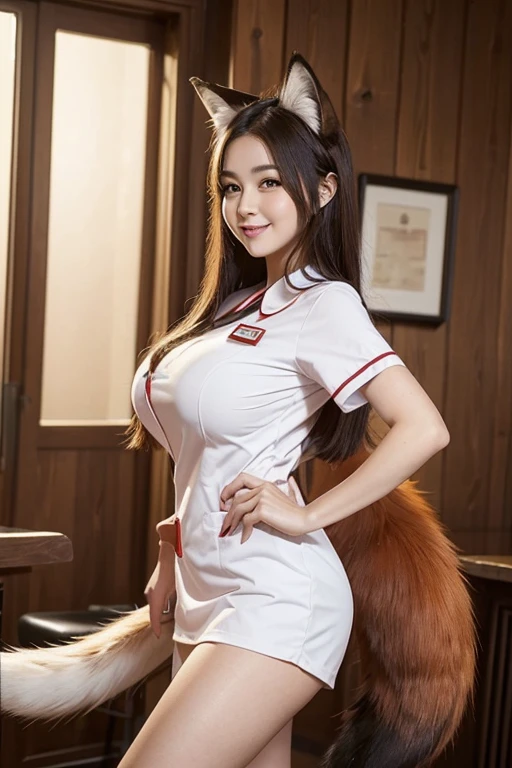 ((highest quality)), ((masterpiece)), (get used to it), perfect face, fox girl, Beautiful woman, public, A tail is growing, she has a fluffy tail, she has a fox tail, she wags her tail, smile, first round, she is wearing a nurse uniform, beautiful hips, big breasts , big tail