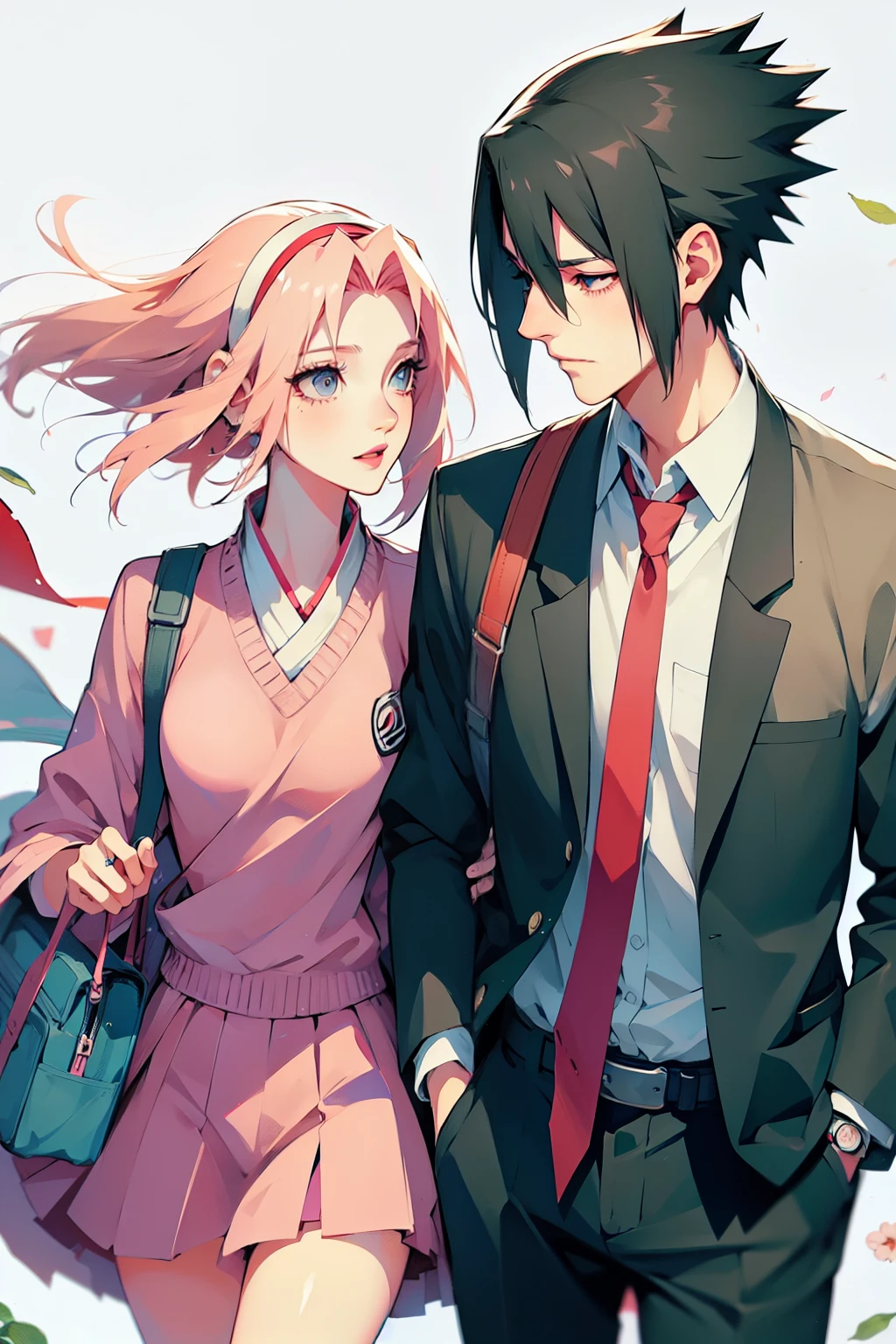 sasusaku. Sasuke Uchiha, a tall, black-haired man wearing a Quarterback football uniform, is a student, with his hands in his pockets. Sakura, a thin woman with pink hair, cheerleader. best quality, adorable, ultra-detailed, illustration, complex, detailed, extremely detailed, detailed face, soft light, soft focus, perfect face. In love, illustration. two people, couple,