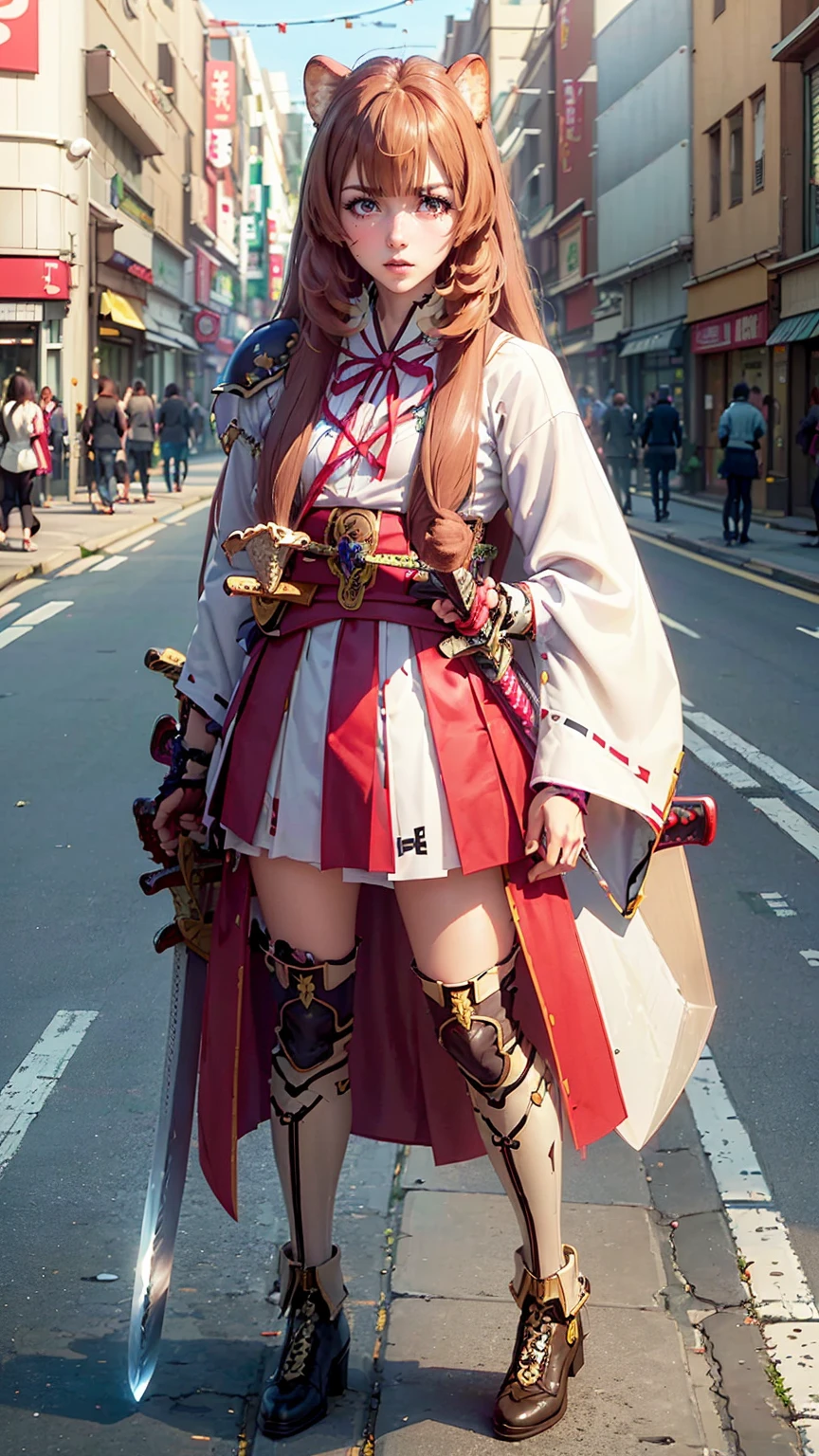 Brahmaestra, Raphtalia, brown hair, animal ears, red eyes,slightly angry face、Pose with movement、wear boots(Look at this:1.5)(full body shot:1.2)(Harajuku Takeshita Street:1.5), full body photo, convenience store,自転car、car、Super Cub、Passer-by、(Distant view of modern Japanese cities:1.5)、(raise one&#39;long sword:1.8),(Assault rifle,hold horizontally:1.8)