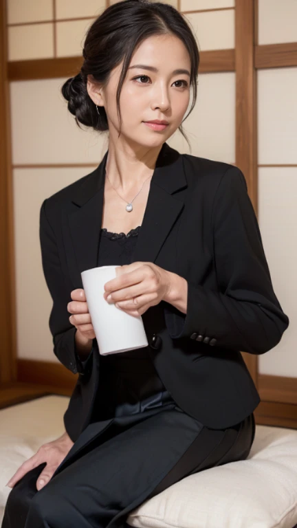 ((1 woman,Japan&#39;s most beautiful face,55 years old,old face,mature woman,There are wrinkles at the corners of the eyes,perfect gas chamber,Taken close up,look at the camera,watch here)),((((black shirt,black suit jacket,black skirt)))),((pearl necklace,elegant hairstyle,natural makeup,my chest is very swollen,Please laugh here,lowered eyebrows,droopy eyebrows,Stare at me with a cute expression,((Japanese style roomに正座)),Japanese style room,Shoji,,Seowon Building,sit on a cushion in a japanese room,look at the camera,look at the cameraください,take a photo from your lap)),((Please turn this way,watch here,perfect fingers,perfect arms,detailed background,highest quality,Ultra - High resolution,perfect anatomy,High-definition RAW color photo,professional photos, very delicate and beautiful, very detailed,finely, huge file size,best image quality,8K,Award-winning work,table top))