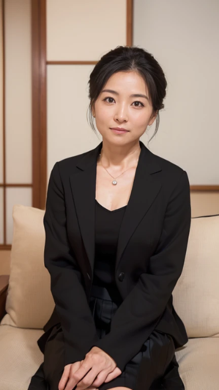 ((1 woman,Japan's most beautiful face,55 years old,old face,mature woman,There are wrinkles at the corners of the eyes,perfect gas chamber,Taken close up,look at the camera,watch here)),((((black shirt,black suit jacket,black skirt)))),((pearl necklace,elegant hairstyle,natural makeup,my chest is very swollen,Please laugh here,lowered eyebrows,droopy eyebrows,Stare at me with a cute expression,((Japanese style roomに正座)),Japanese style room,Shoji,,Seowon Building,sit on a cushion in a japanese room,look at the camera,look at the cameraください,take a photo from your lap)),((Please turn this way,watch here,perfect fingers,perfect arms,detailed background,highest quality,Ultra - High resolution,perfect anatomy,High-definition RAW color photo,professional photos, very delicate and beautiful, very detailed,finely, huge file size,best image quality,8K,Award-winning work,table top))