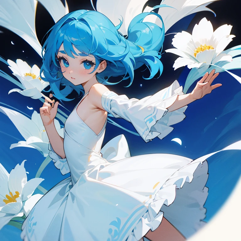 Chica, cabello rubio, con flores blancas en el pelo, vestido de ballet blanco, piel blanca, ojos color azul celeste, pelo corto 
