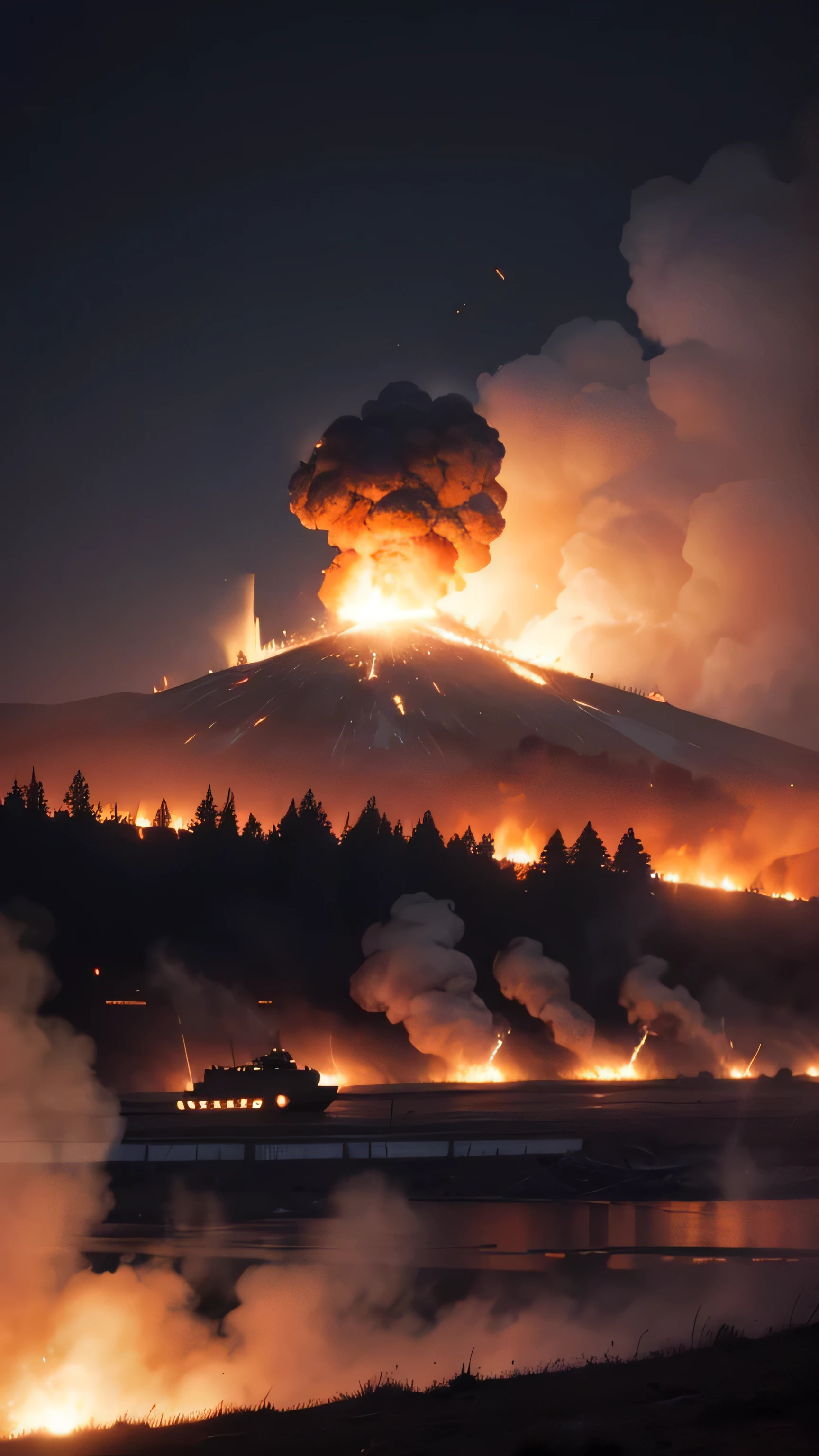 (aerial view,wildfire approaching Emberwood),dramatic,fiery,destructive,chaotic,orange-red flames,dense smoke billowing,engulfing the landscape,intense heat,flames spreading rapidly,thick clouds of ash and debris,rising embers,the sound of crackling fire and roaring inferno,embers raining down like sparks,burning trees and vegetation,firefighters battling the blaze,valiant efforts to control the fire,fire retardant being dropped from aircraft,strong gusts of wind fanning the flames,people fleeing from the path of destruction,wildlife in distress,urgent evacuation orders,sense of urgency and danger,scorched earth,devastation,thousand-acre inferno,rugged terrain,in the heart of Emberwood National Park,HDR quality,high-resolution image,vivid colors to capture the fiery scene,darkened sky in the background,thick plumes of smoke obscuring the sun,dramatic lighting and shadows,remnants of a once lush forest,glimpses of the Emberwood township in the distance,desperate attempts to save homes and wildlife,devastating beauty amid destruction,intense and powerful image.