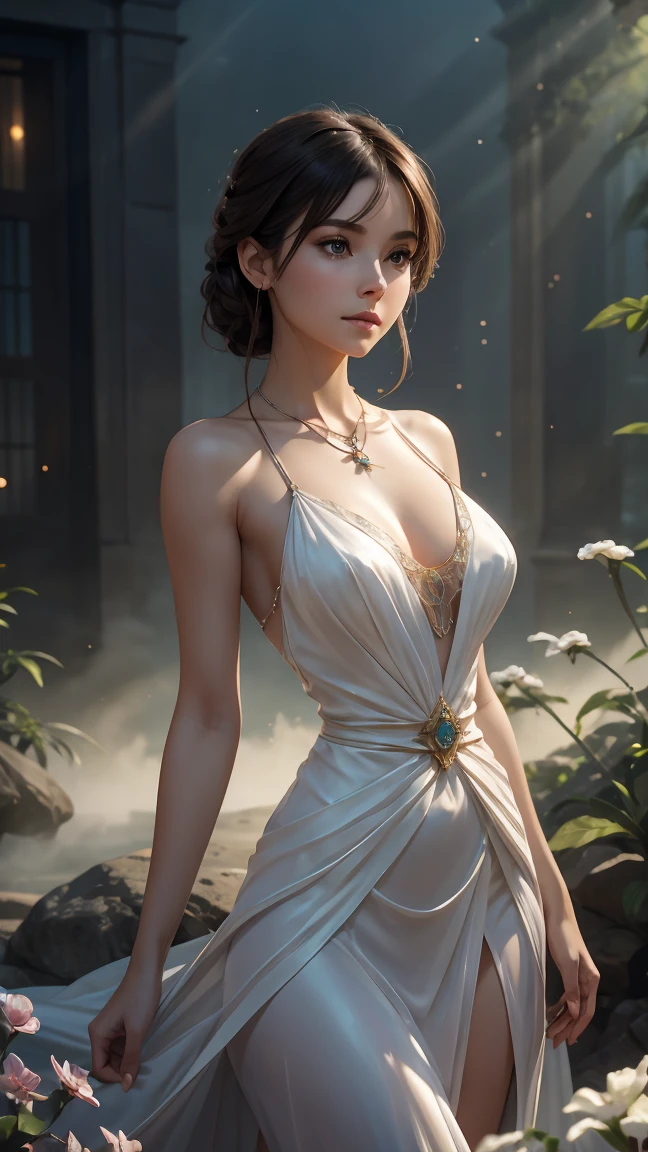 waist shot of a female, intricate, slender face, elegant, wearing sapphire necklace, white light dress with straps, facing camera, highly detailed, digital painting, artstation, concept art, smooth, sharp focus, illustration, art by artgerm and greg rutkowski and alphonse mucha, 8k, volumetric fog, bloom, light rays, lumen, cranked bokeh, facing front, front view, adorable, youthful, juvenile, young, cuties, stunning, unreal beauty