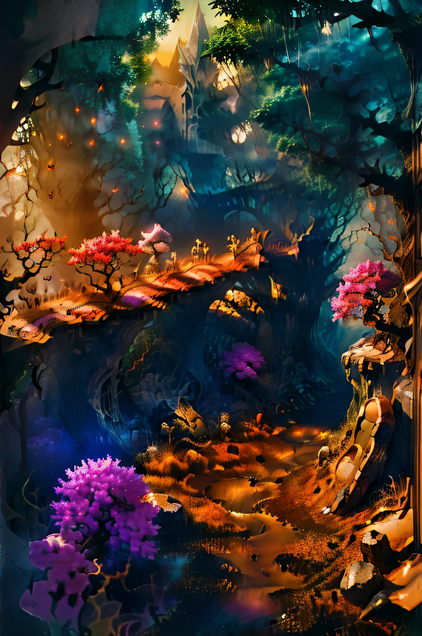 (masterpiece),(Best quality:1.0), (ultra high resolution:1.0), detailed illustration, intricate, magical elves in the forest:1.5, detailed landscape, vibrant colors, sunset, clouds, (( magical, Beautiful, de another world, Trees:1.4 )), (( Best quality, vibrant, 32k, well-defined light and shadows)).