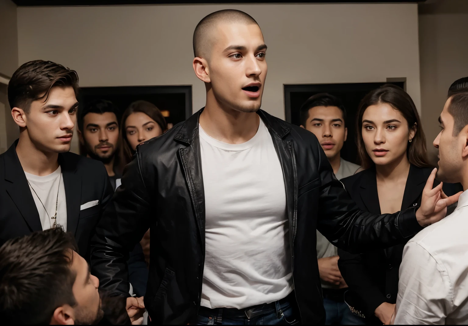 Generate an image of a 25-year-old man with a military-style buzz cut, exuding confidence and enthusiasm as he stands in the center of a group of four people. He's dressed in a black jacket over a white shirt and jeans, his attire adding to his charismatic presence. With captivating body language and expressive gestures, he speaks passionately, drawing everyone's attention to his story. The people surrounding him are engaged and amused, hanging on to his every word, captivated by his magnetism. Their expressions reflect their fascination and admiration for him as they listen intently to his tale. This composition captures the dynamic scene of a charismatic storyteller holding his audience spellbound with his confident demeanor and compelling narrative.