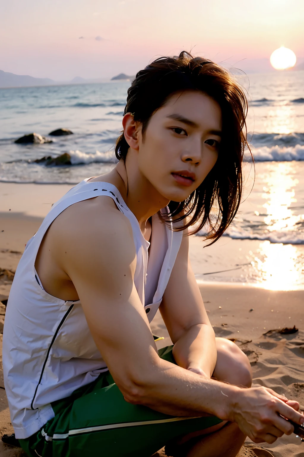 ((Best quality)), ((masterpiece)), (detailed), perfect face, korean man, k-pop idol, Sitting on the sand, by the sea, sunset
