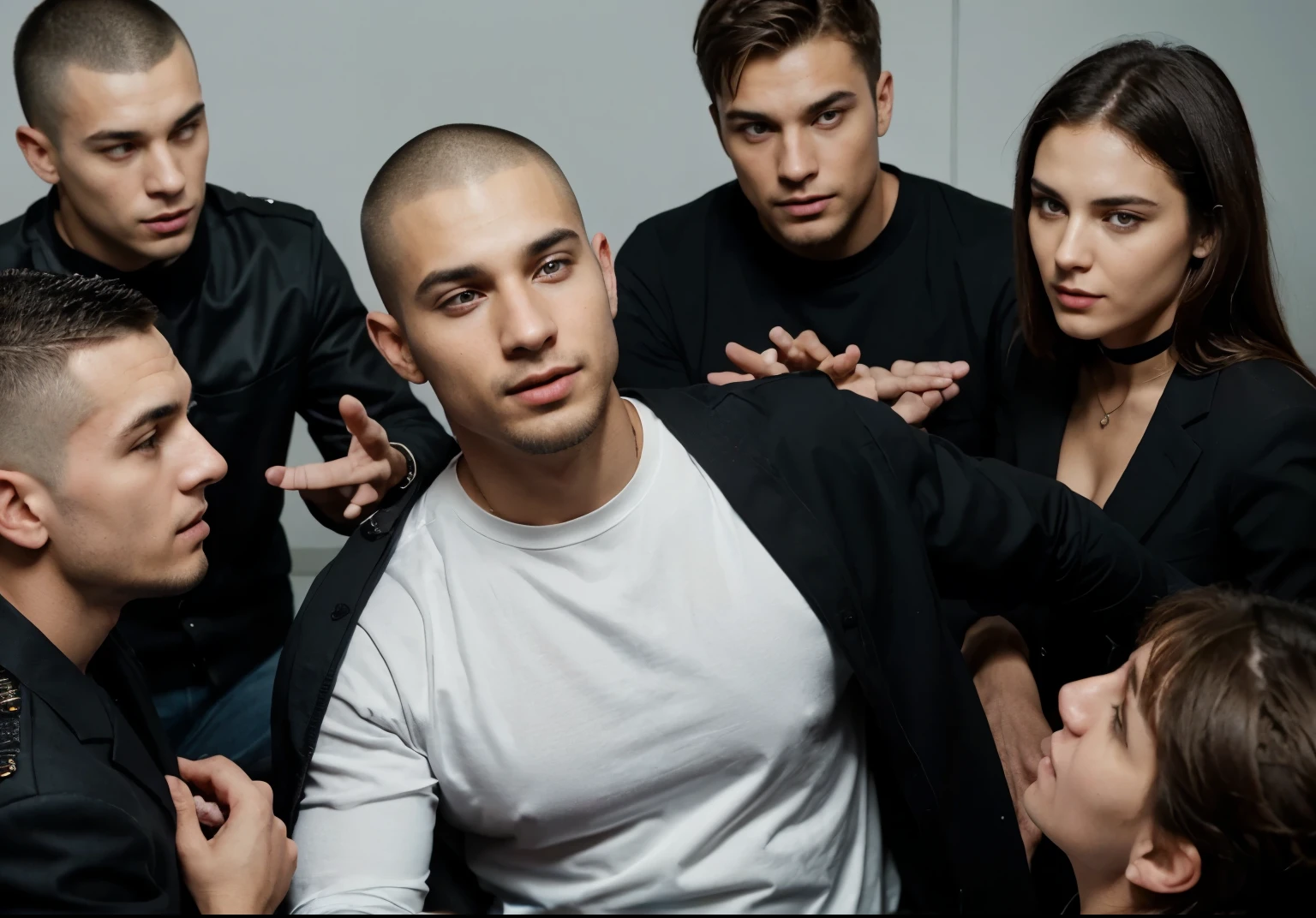 Generate an image of a 25-year-old man with a military-style buzz cut, exuding confidence and enthusiasm as he stands in the center of a group of four people. He's dressed in a black jacket over a white shirt and jeans, his attire adding to his charismatic presence. With captivating body language and expressive gestures, he speaks passionately, drawing everyone's attention to his story. The people surrounding him are engaged and amused, hanging on to his every word, captivated by his magnetism. Their expressions reflect their fascination and admiration for him as they listen intently to his tale. This composition captures the dynamic scene of a charismatic storyteller holding his audience spellbound with his confident demeanor and compelling narrative.