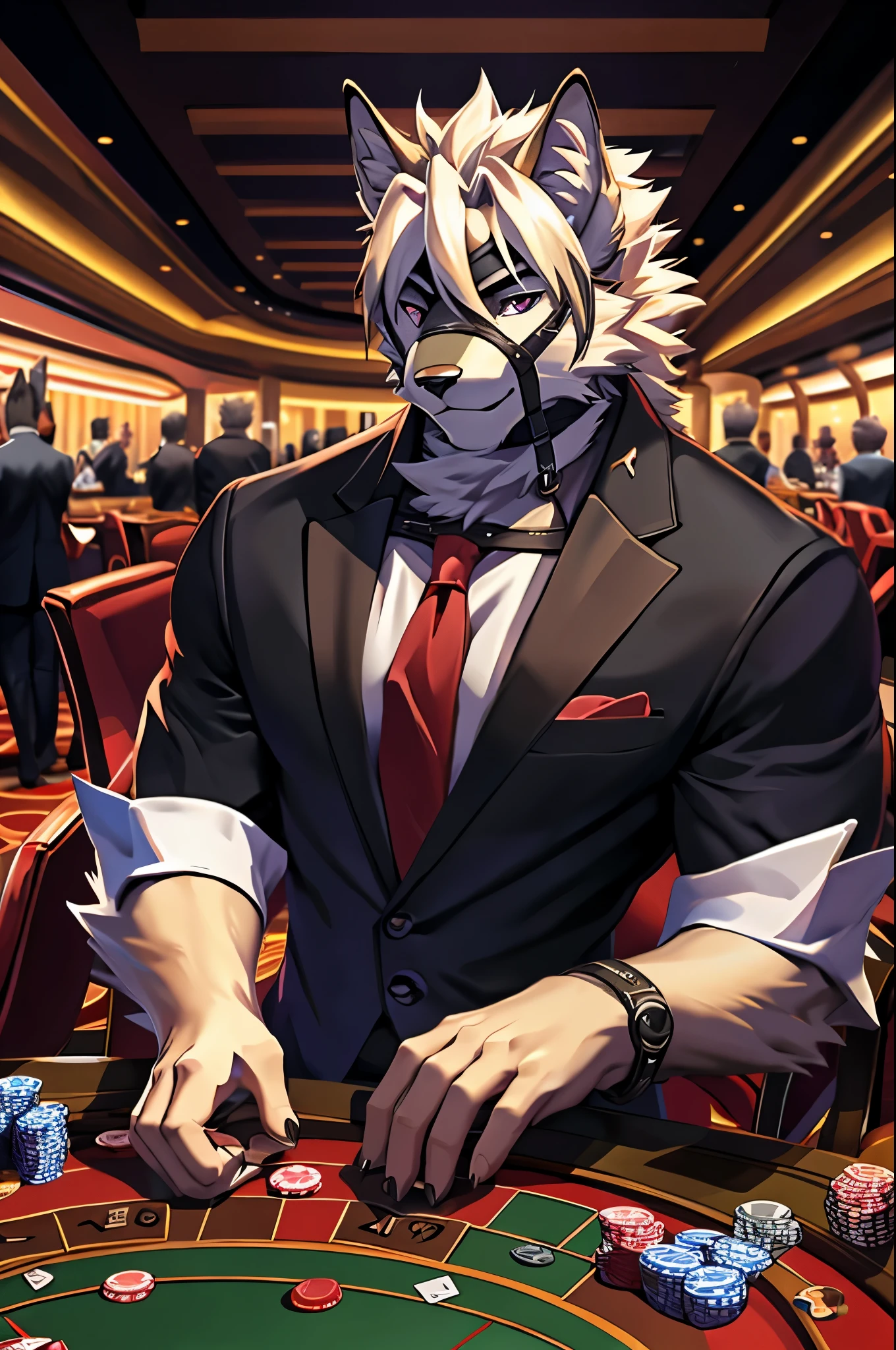 posted on e621 (by Chunie), furry, male, anthro, solo, (Realistic eye details:1.2), (beautiful detailed eyes), anime character there is a Von Lycaon (Zenless Zone Zero) male, casino, Black suit, Red tie, win the game, Playing Poker Texas hold'em, Five-card draw, Omaha hold'em), the place is busy with people around the casino, perfect anatomy, realistic anatomy, full body like, slim body, good looking, anime style, 8k, 4k anime wallpaper, anime art wallpaper 8 k, 2 d art, 2d art, anime art wallpaper 4k, detail art