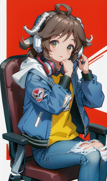 1 girl,(((Jacket,headphones,jeans,sitting,Horn))),,Chair