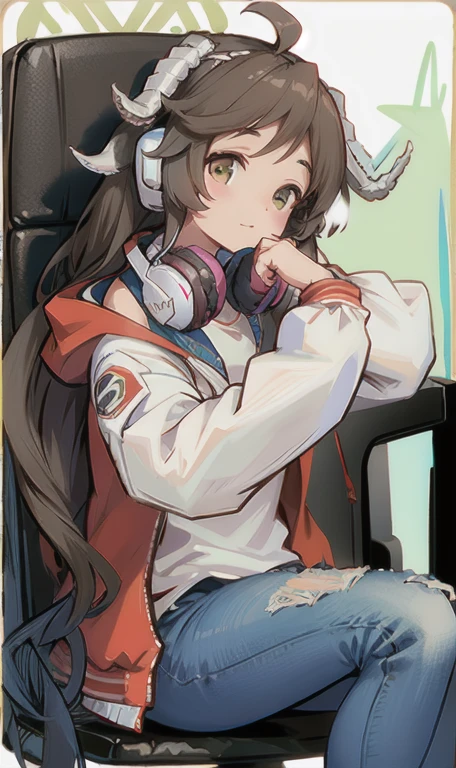 1 girl,(((Jacket,headphones,jeans,sitting,Horn))),,Chair