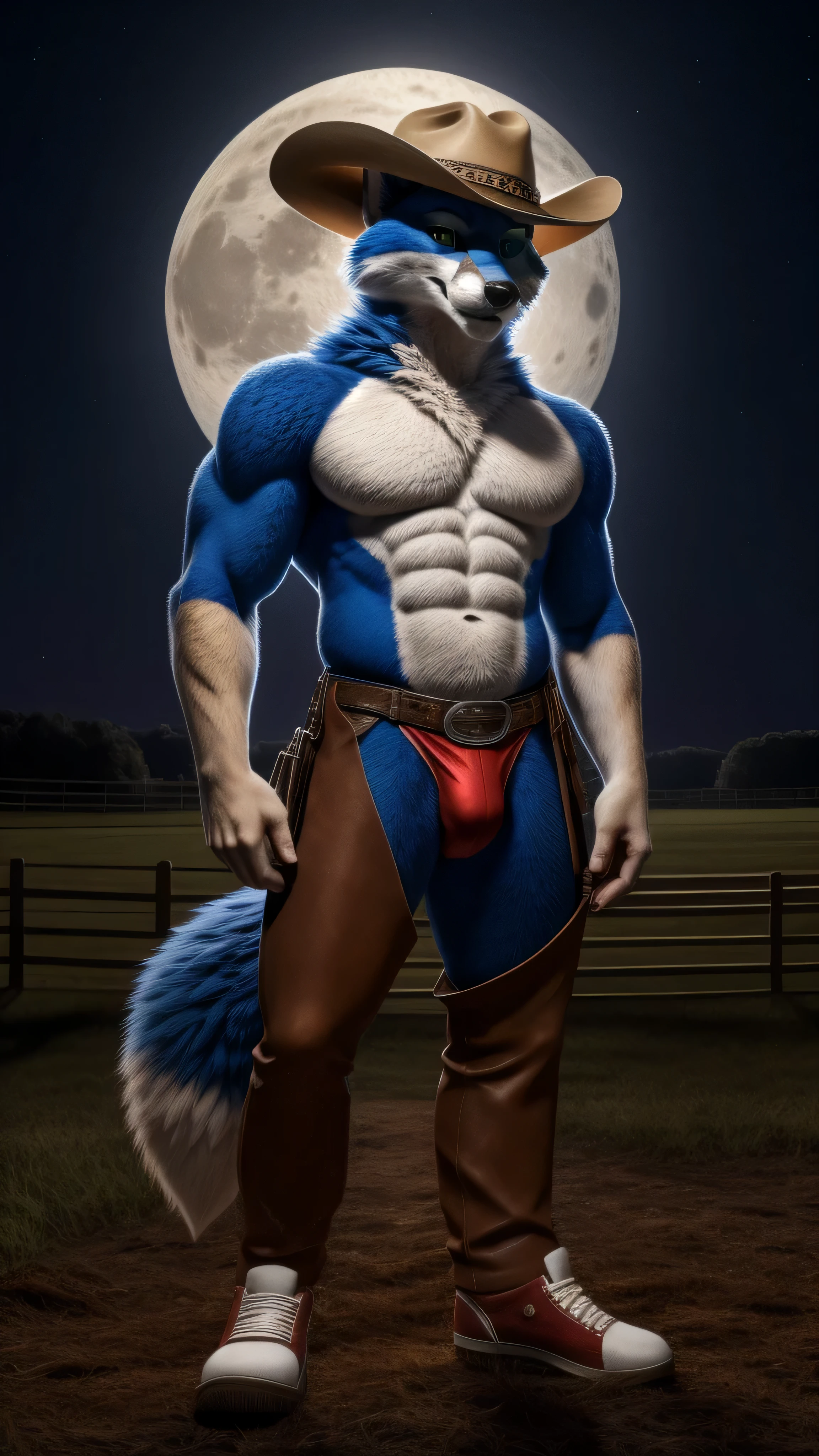 An adult muscular male Fox fursuit a lone cowboy alone on the farm a night background with a beautiful full moon wearing a cowboy hat and red sneakers sexy tight thong blue fur and green eyes and posing for camera