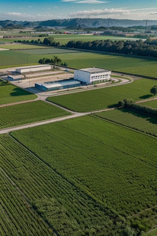[Imagen de una planta industrial moderna, rodeada de campos verdes, con muchos campos verdes
