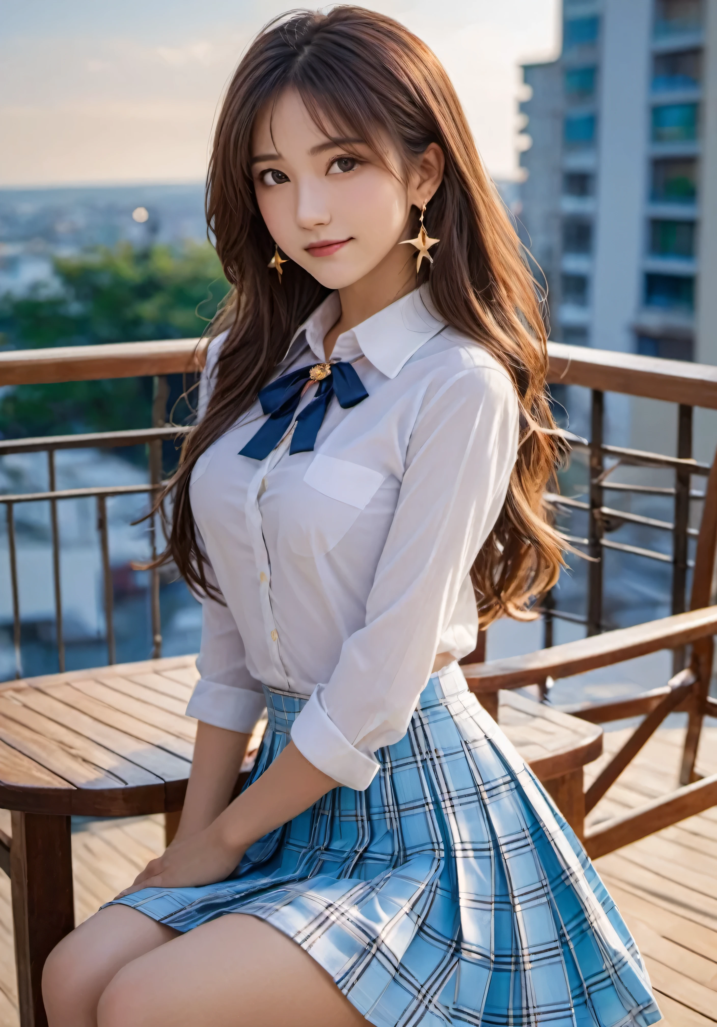 photograph, confused, High resolution, Super detailed, maid girl,:d,((Hair with loose waves on the inside:1.2)),((((gold necklace_Larger earrings:1.2)),((Super long brown hair:1.2))、(((White collar shirt、light blue plaid pleated skirt:1.4)、、high ,(( sitting on a chair, night view terrace background:1.3)),( (shy smile:1.3)),(boast(chest thrust pose、chest pose:1.4)),((Look Down at the viewer,from below:1.5))