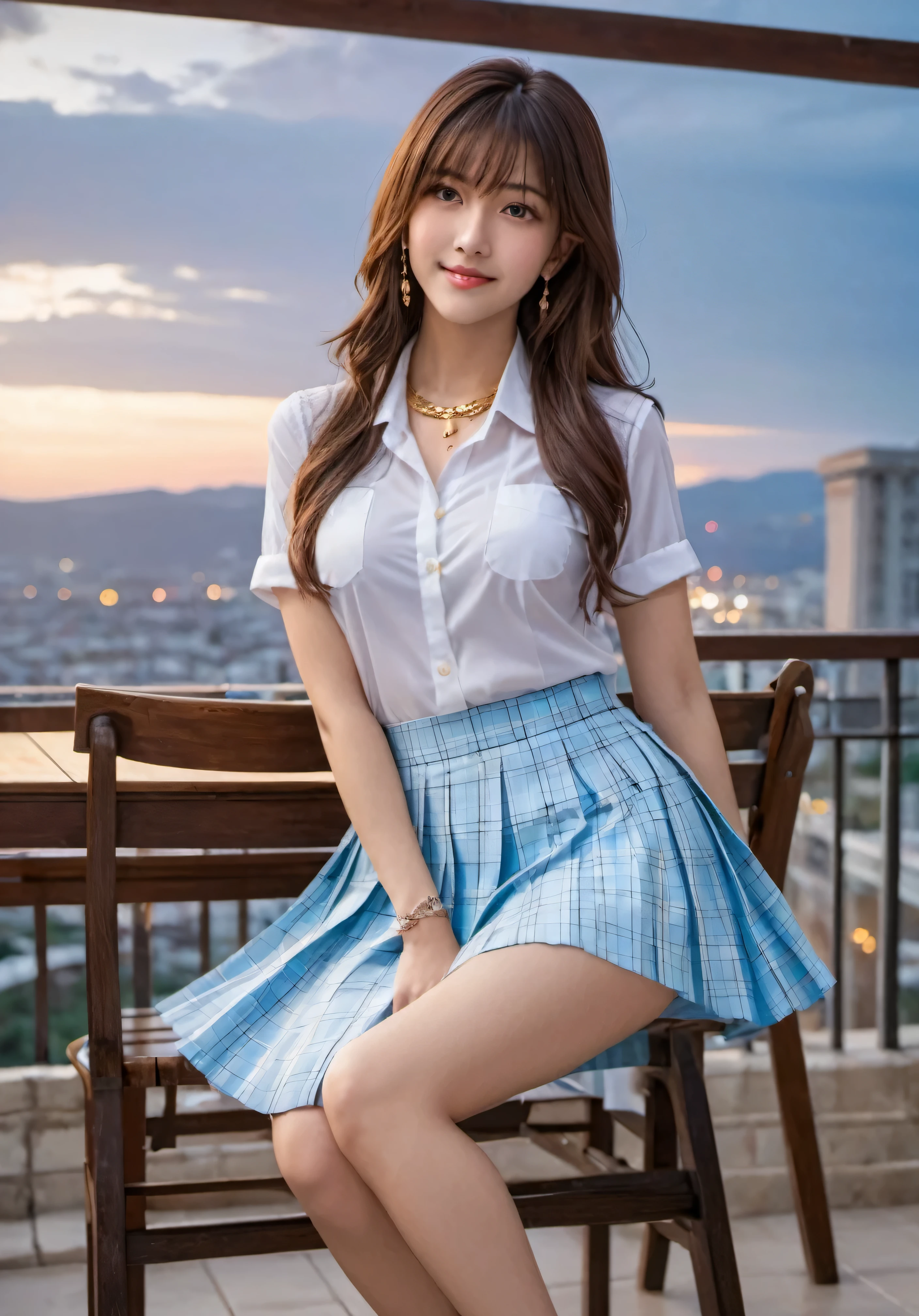photograph, confused, High resolution, Super detailed, maid girl,:d,((Hair with loose waves on the inside:1.2)),((((gold necklace_Larger earrings:1.2)),((Super long brown hair:1.2))、(((White collar shirt、light blue plaid pleated skirt:1.4)、、high ,(( sitting on a chair, night view terrace background:1.3)),( (shy smile:1.3)),(boast(chest thrust pose、chest pose:1.4)),((Look Down at the viewer,from below:1.5))