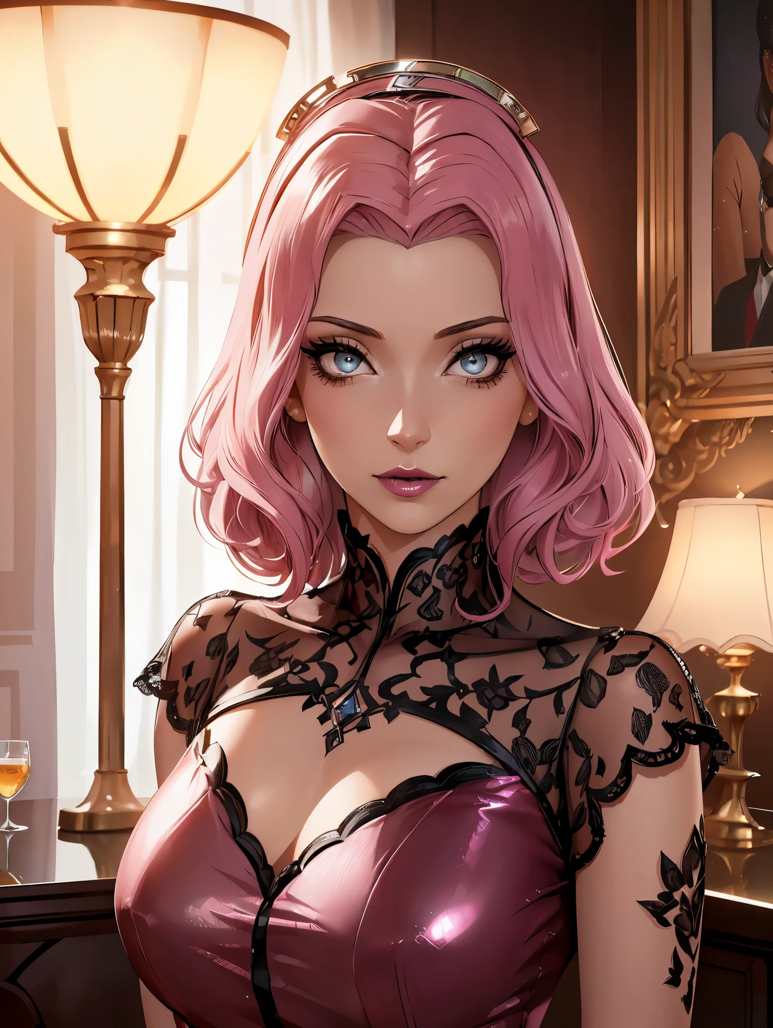 Girl1,(pink hair)(eye shadow,eyelashes,Shiny lipstick),(Column Dress),(Stand in a luxury hotel),Highly detailed ,8K wallpapers،Highest quality, high resolution, beautiful lighting, realistic shadow, high resolution،(highly detailed, detailed faces and eyes, realistic eyes),(upper body,Looking at the viewer,cowboy shot) 