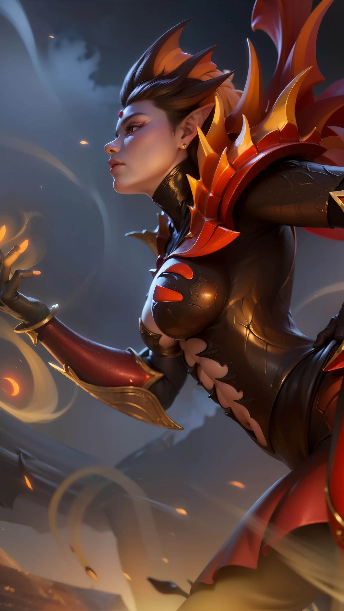 there is a woman with a sword in her hand, flames around body, artgerm detailed, flame conjuring armored, lava and fire goddess, concept art | artgerm, extremely detailed artgerm, by Yang J, fire mage, goddess of fire, appears as the fire goddess, fire goddess, style artgerm, character splash art, 8k, ultra hd, ultra detailed texture, hyper realistic, masterpiece, detailed texture, detailed face, detailed skin, detailed lighting, (photorealistic:1.5), best quality, beautiful lighting, cinematic lighting, professional lighting, ultra highres, realistic, detailed hair, real hair, high quality, (realskin:1.5), extremely detailed, finely detail, ultra-detailed, glare, red eyes, evil smile, elf ear.