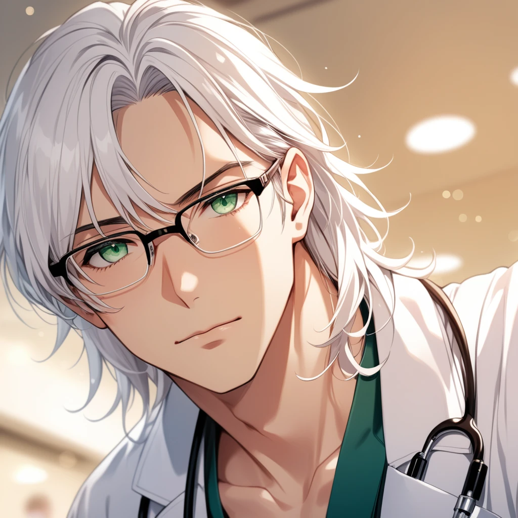 (masterpiece, best quality:1.2), (1boy), solo, 8k, white hair, ((long hair)), glasses, handsome male, very detailed, doctor, anime style, at a hospital, white coat, blushing, beautiful green eyes, dynamic perspective, sharp focus, extremely detailed eyes and face, (depth of field, bokeh:1.3), bangs, from underneath, no focus