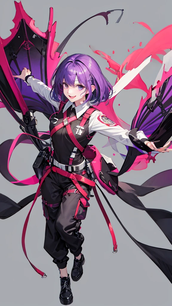 purple hair girl,medium hair,Harness,pants,simple background,smile,whole body,full body,full body,Standing picture,vtuber,front,from front,Viewer&#39;s perspective,視線をfrontに,