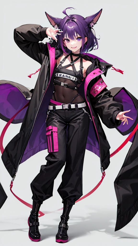 purple hair girl,medium hair,Harness,pants,simple background,smile,whole body,full body,full body,Standing picture,vtuber,front,from front,Viewer's perspective,視線をfrontに,