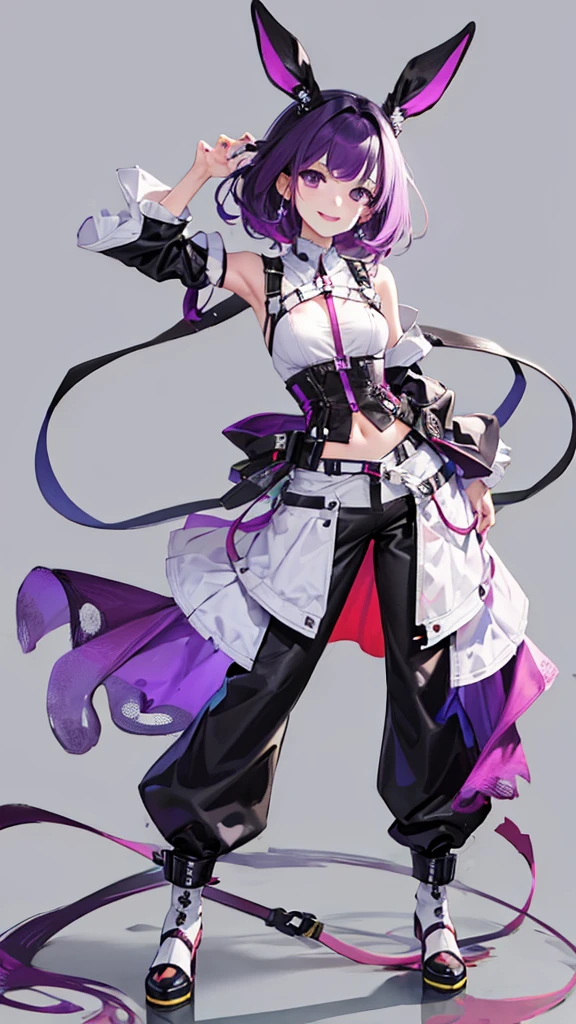 purple hair girl,medium hair,Harness,pants,simple background,smile,whole body,full body,full body,Standing picture,vtuber,front,from front,Viewer's perspective,視線をfrontに,