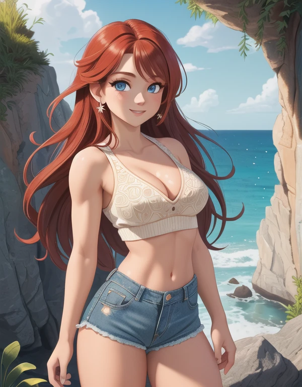 masterpiece,,((ultra detailed background, delicate pattern, intricate detail)), (highly detailed, fine details, rich colors), best quality, beautiful lighting, 1girl, young woman at 22, red hair, solo, long hair, blue eyes, smile,((medium breasts, perfect model physique)), ((V-neck crop top ,denim shorts)), (Deep Cleavage), (complex detailed background, barren land, rocks, ocean, outside, nature environment), (cowboy shot),