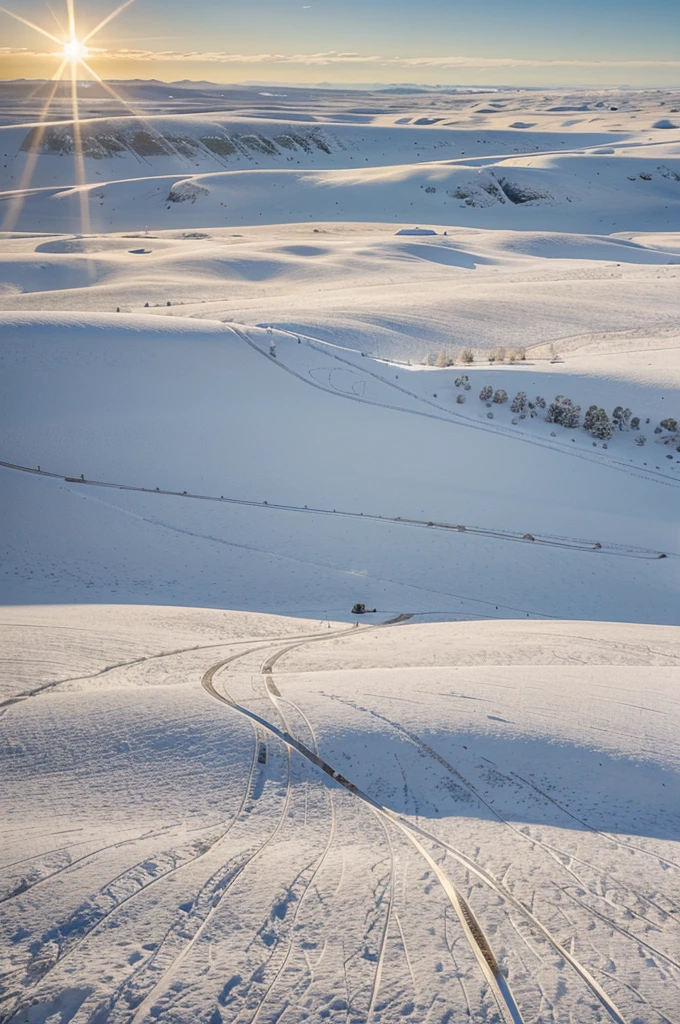 draw a picture of a wide white land, no highlands and lowlands, flat. and the sun was so close and there were lots of people